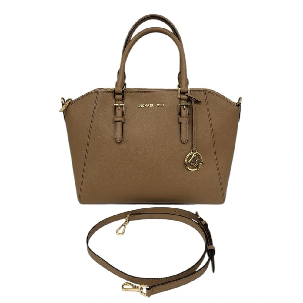 Michael Kors Camel-Beige Saffiano Leather Double Top Handles Satchel Bag Purse